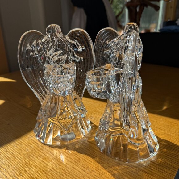 Vintage Leaded Crystal Angel Candleholders Glass Figurine Set Of 2 Holiday Decor - Picture 9 of 16